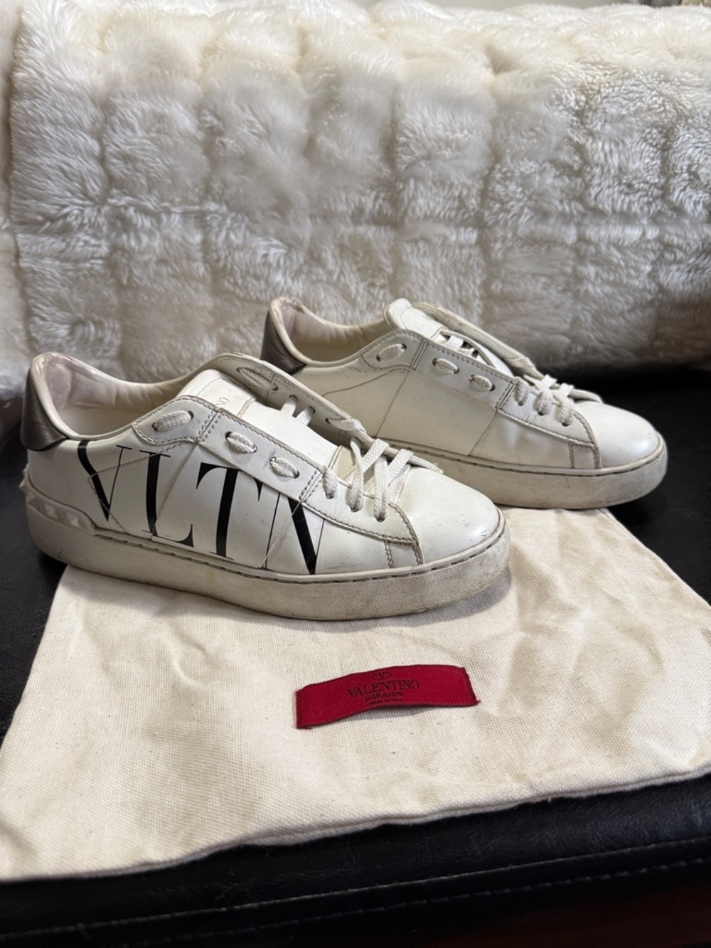 Valentino White Leather VLTN Low-Top Sneakers with Black Logo